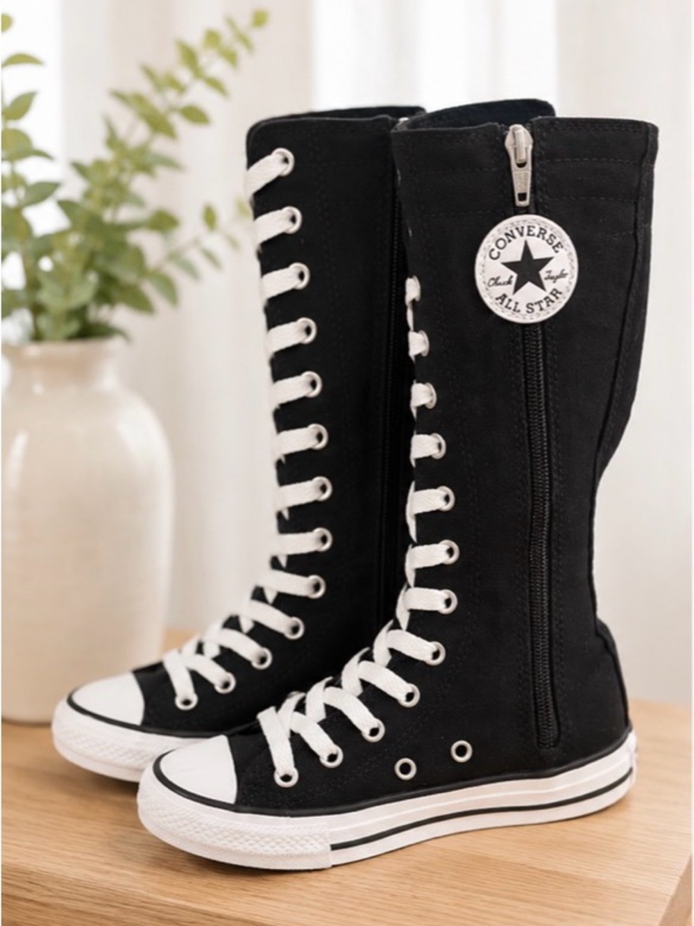 Converse Women’s Black & White Lace-Up High-Top Knee Boots
